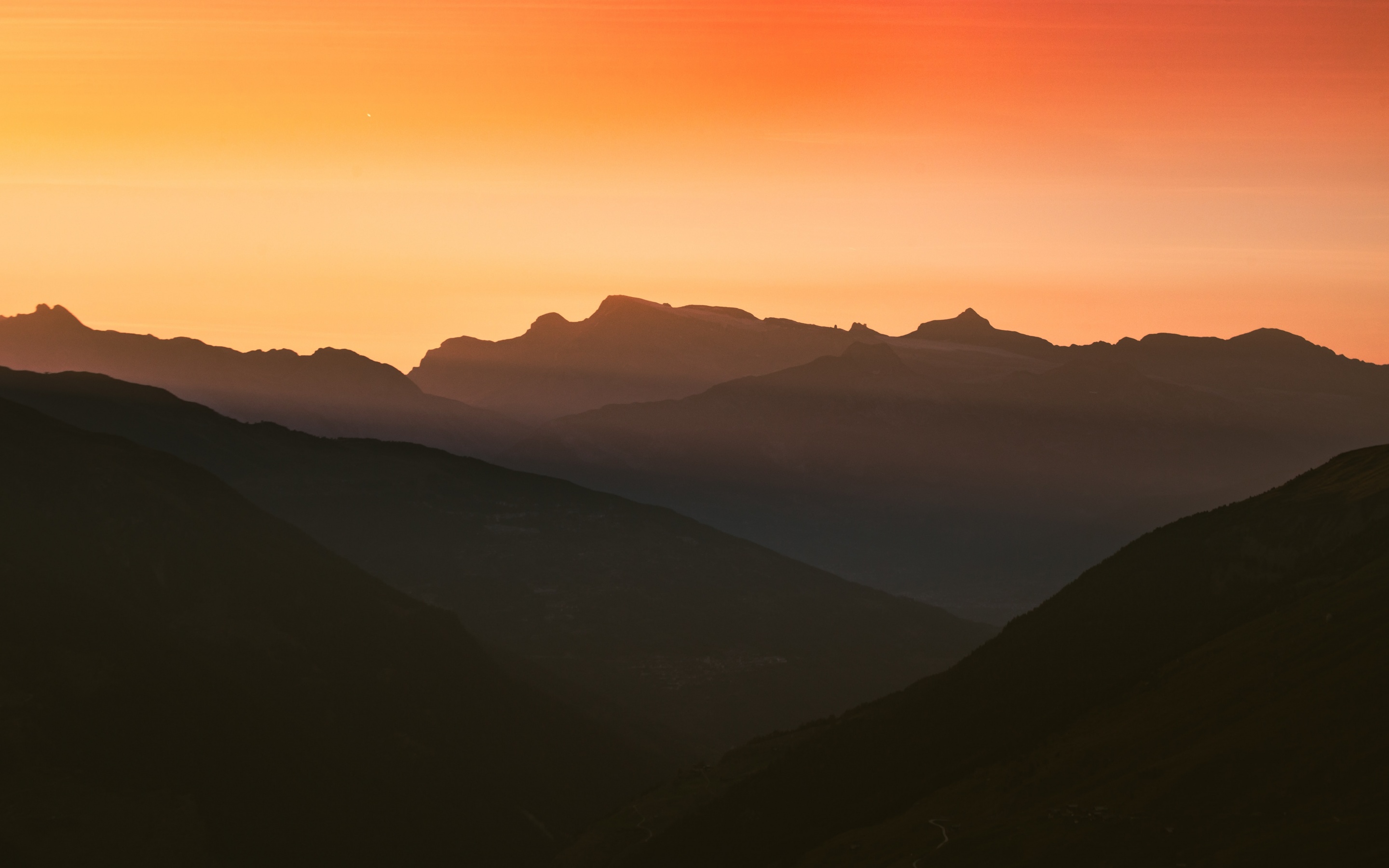 Swiss Alps Wallpaper 4K, Silhouette, Mountain range, Orange sky, Sunset