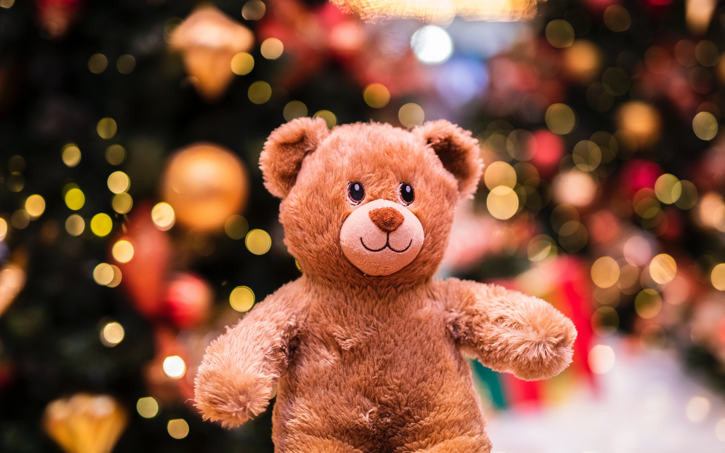 Teddy bear 4K Wallpaper, Brown, Bokeh, Lights, Gift, Cute, Fluffy Bear