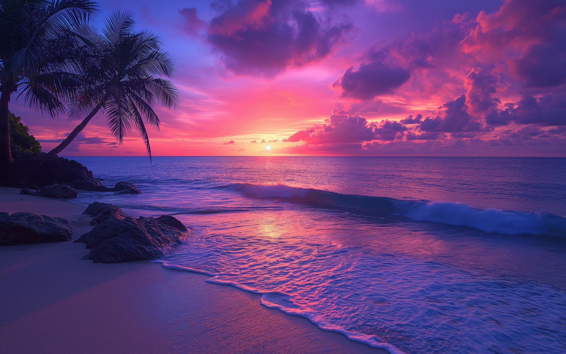 Tropical beach Wallpaper 4K, Aesthetic, Sunset, Purple sky