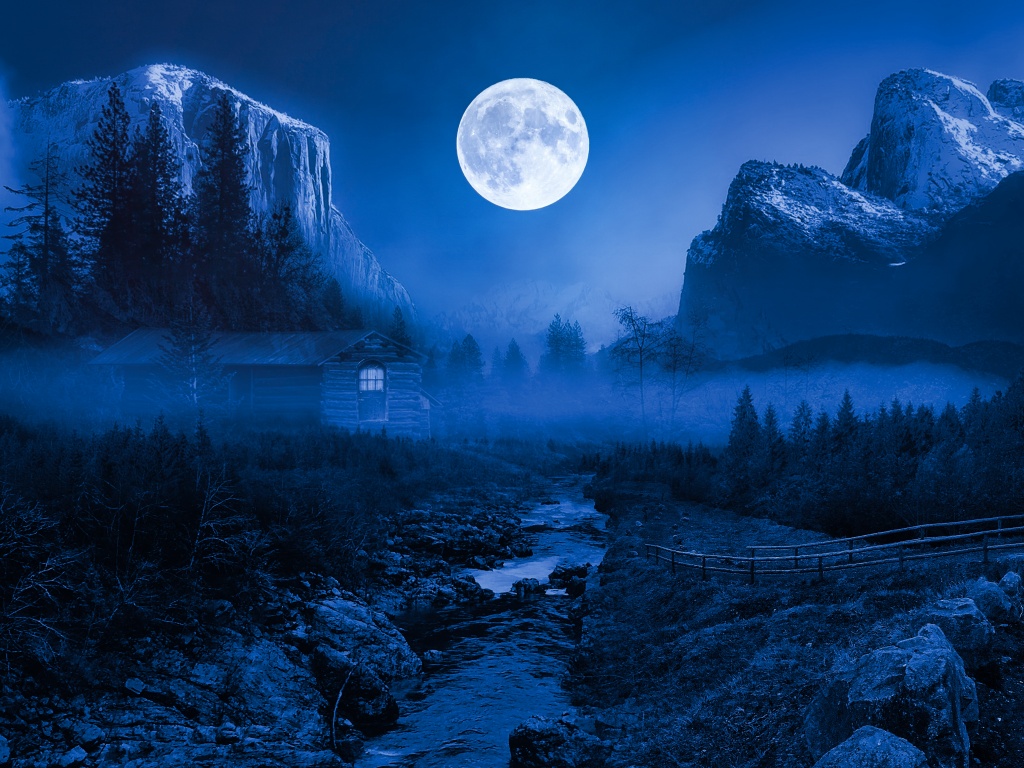 Twilight Moon 4K Wallpaper, Night time, Landscape, Forest, Wooden House