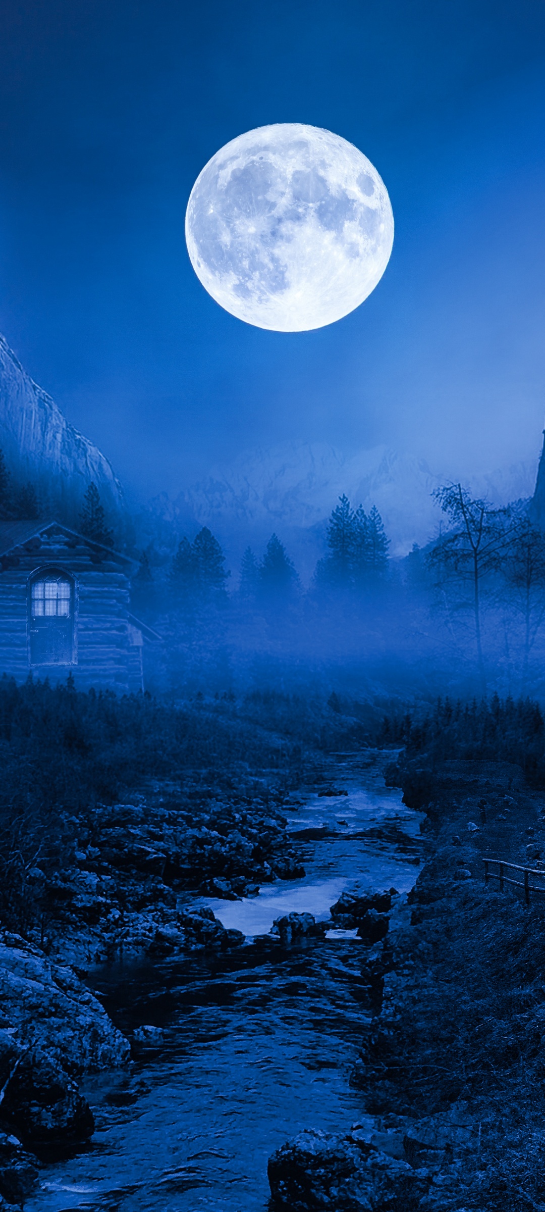 Twilight Moon Wallpaper 4K, Night time, Landscape, Forest, Wooden House
