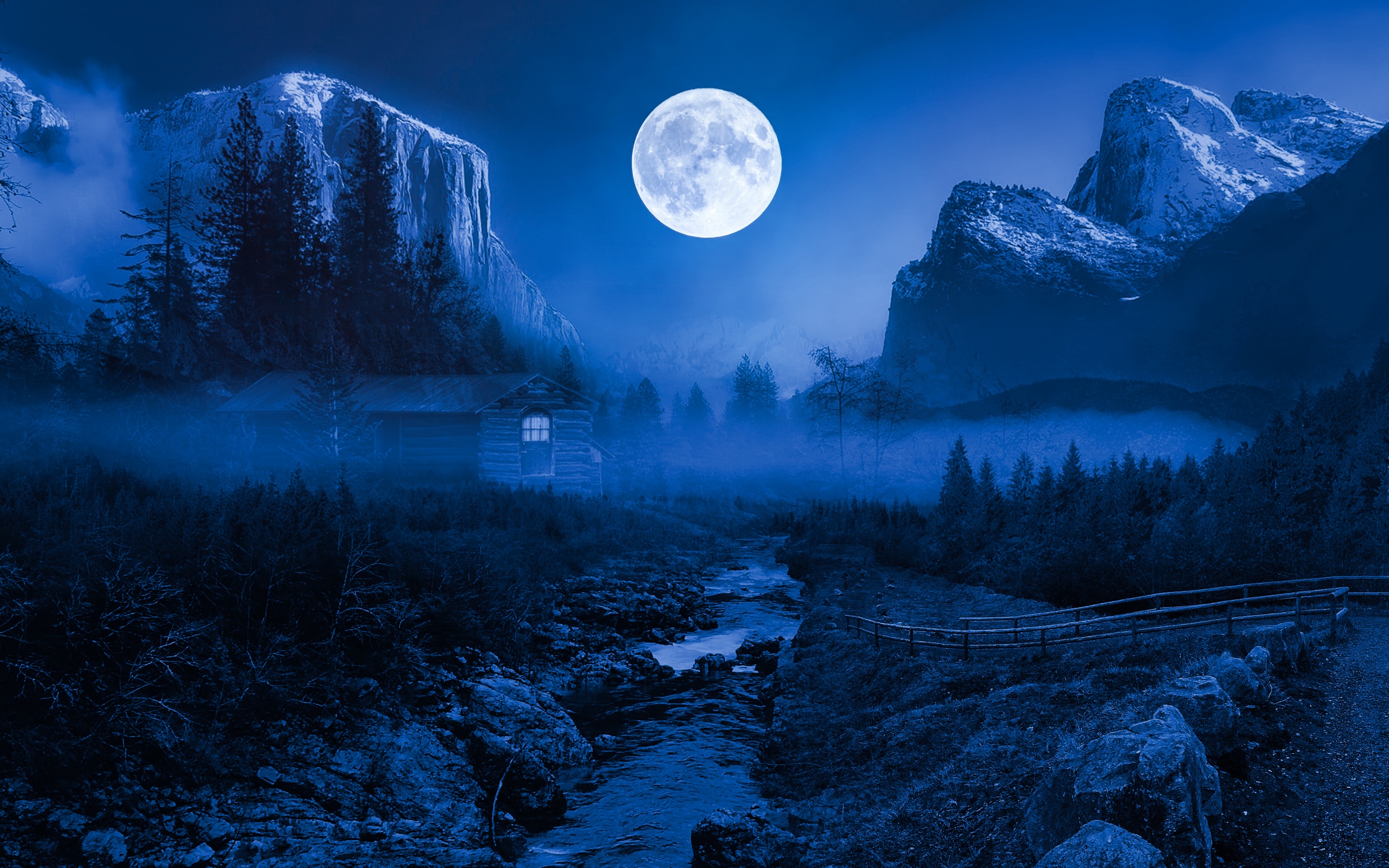 Twilight Moon 4K Wallpaper, Night time, Landscape, Forest, Wooden House