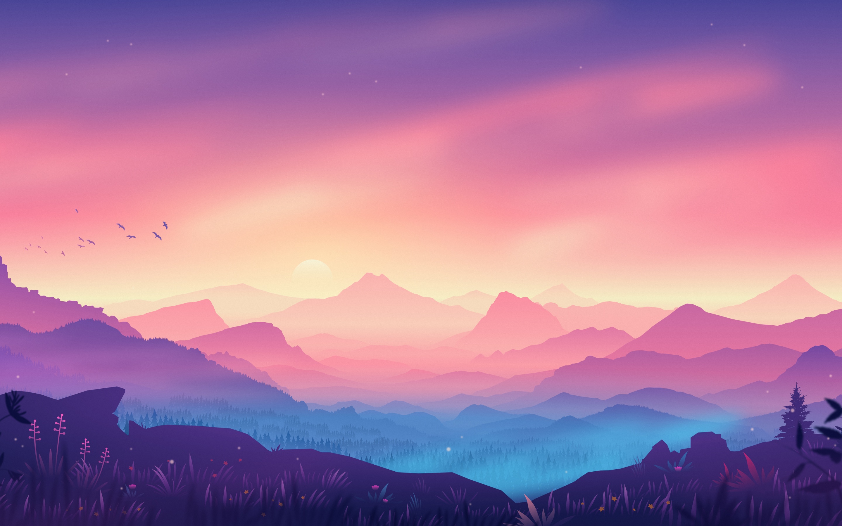What is the title of this picture ? Valley 4K Wallpaper, Landscape, Aesthetic, Mountains, Gradient