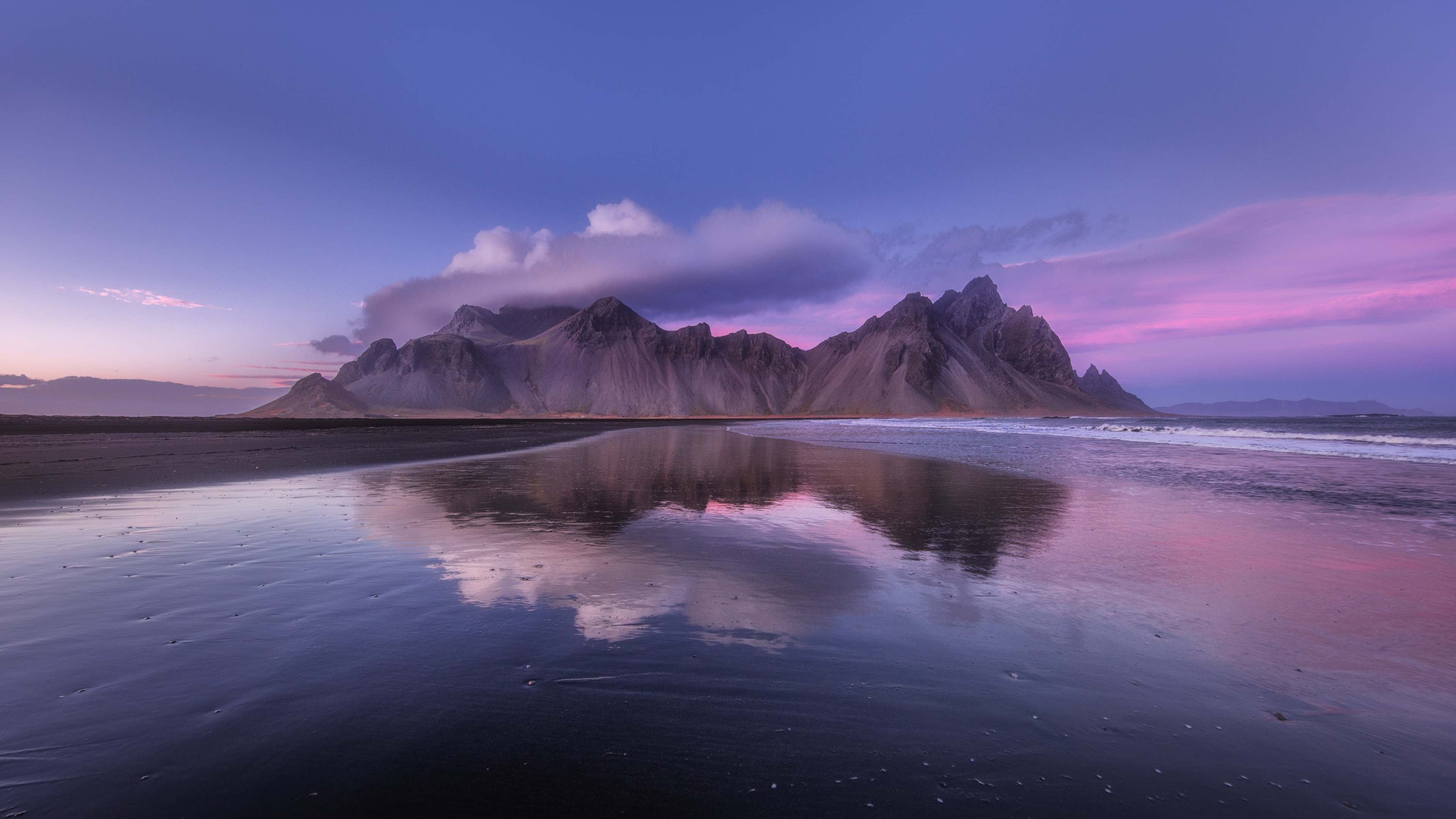 Vestrahorn mountain Wallpaper 4K, Iceland, Sunset, Cloudy Sky, Body of
