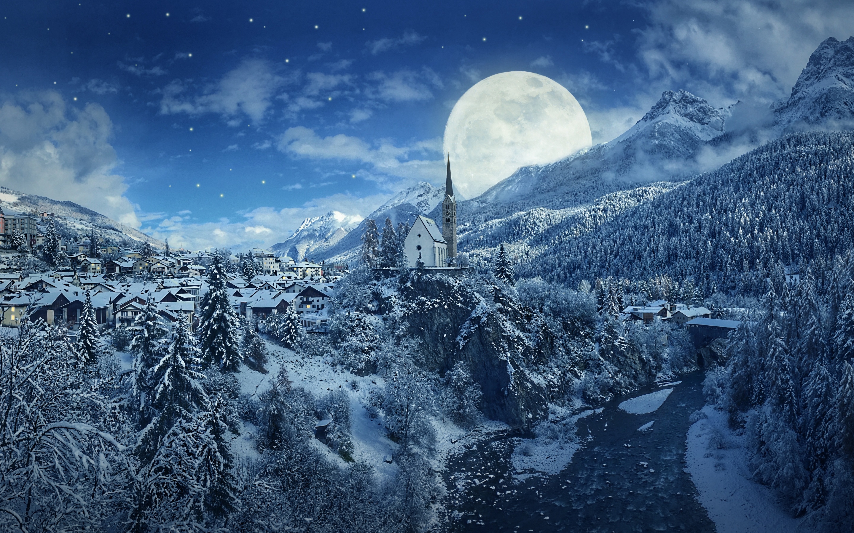 Hviske Skylight krig Winter Wallpaper 4K, Moon, Frozen, Forest, Village, Snowfall, 5K, Nature,  #924