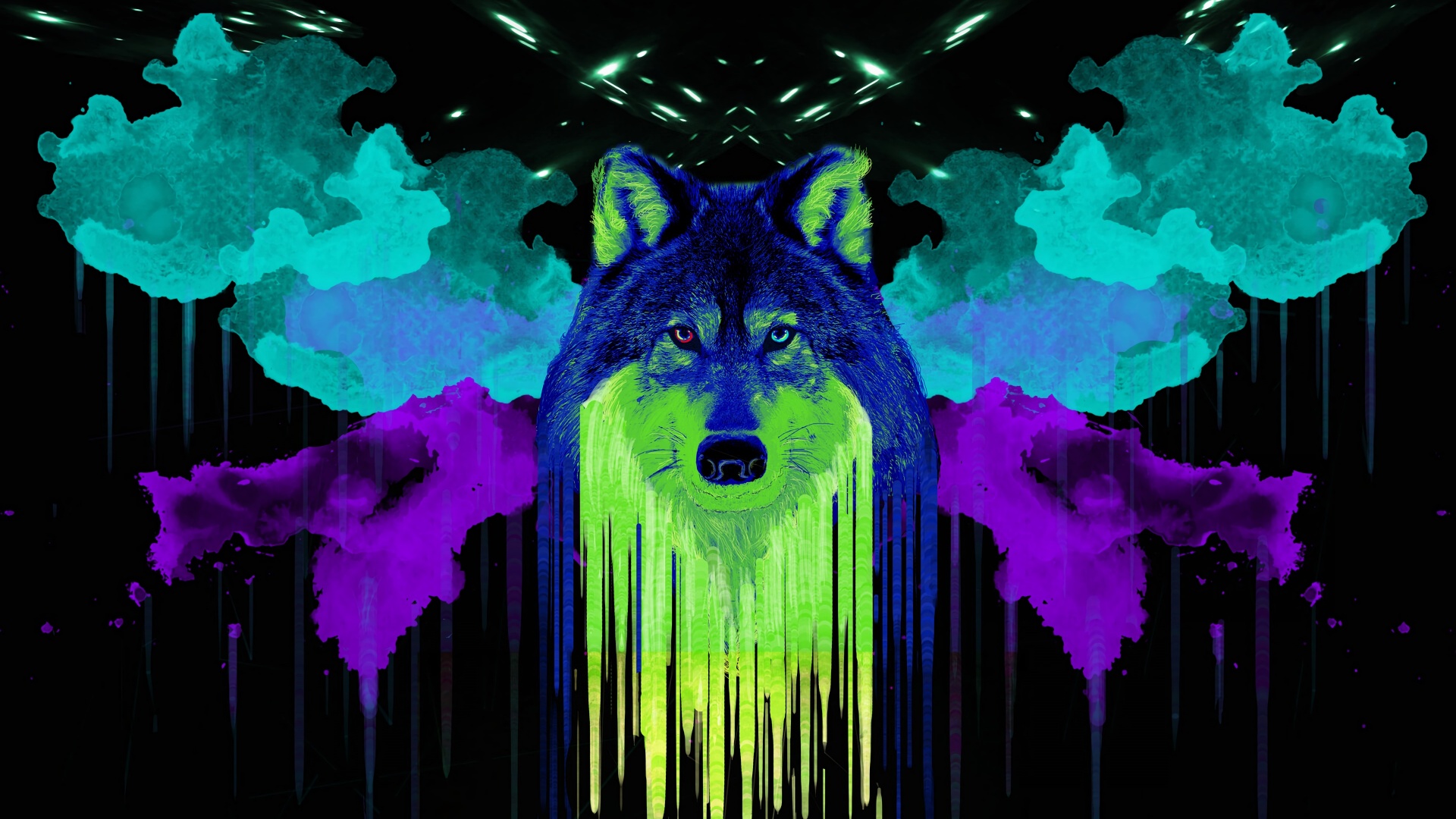 Wolf Wallpaper 4K, Artwork, Neon, Black background, Watercolors