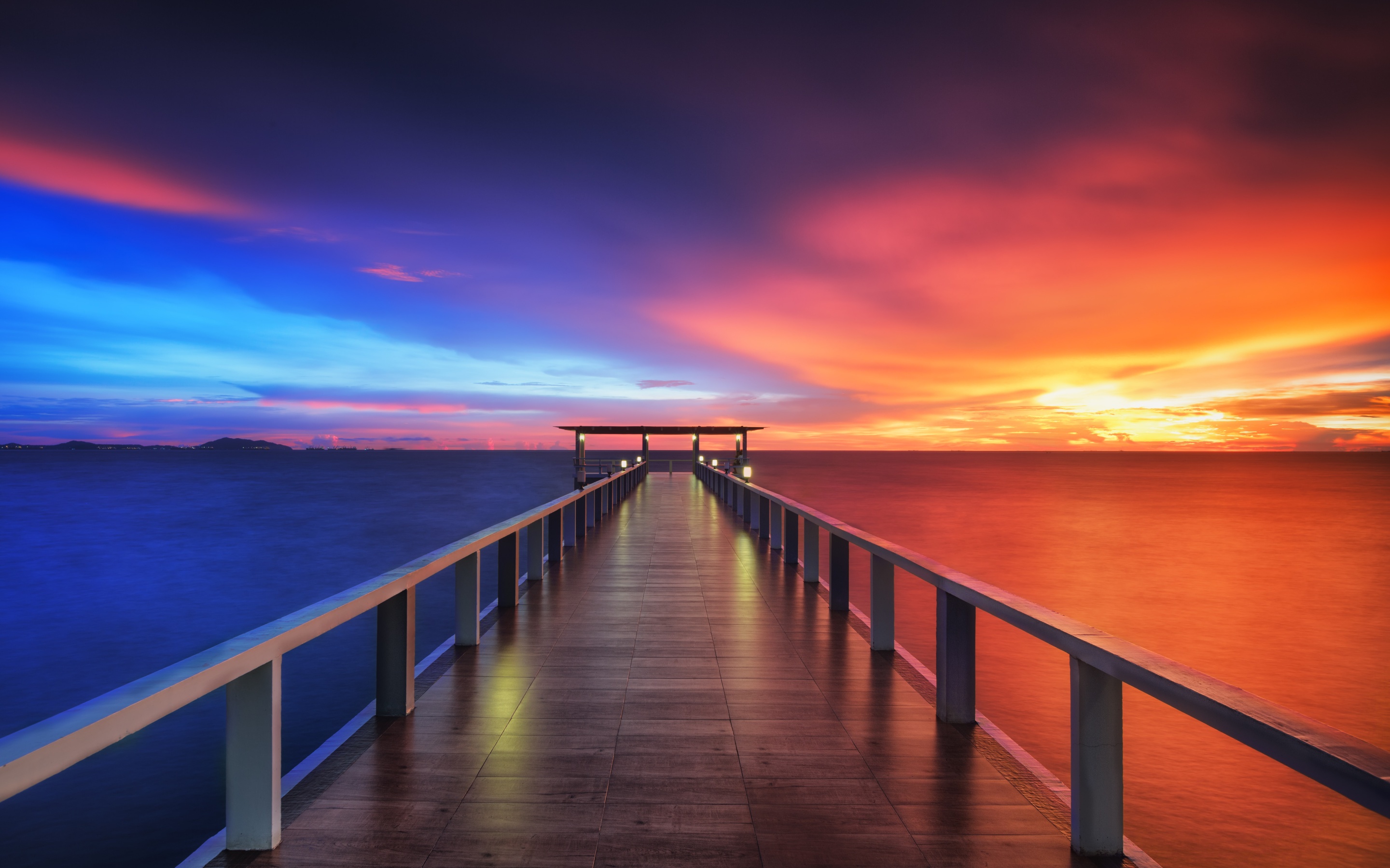 Wooden pier Wallpaper 4K, Bridge, Sunset, Horizon, Resort, Dawn