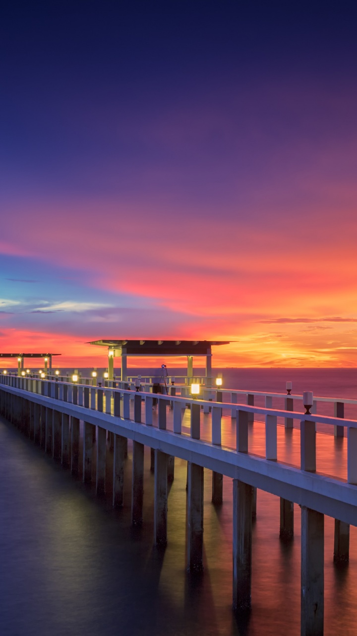 Wooden pier Wallpaper 4K, Resort, Bridge, Sunset, Horizon