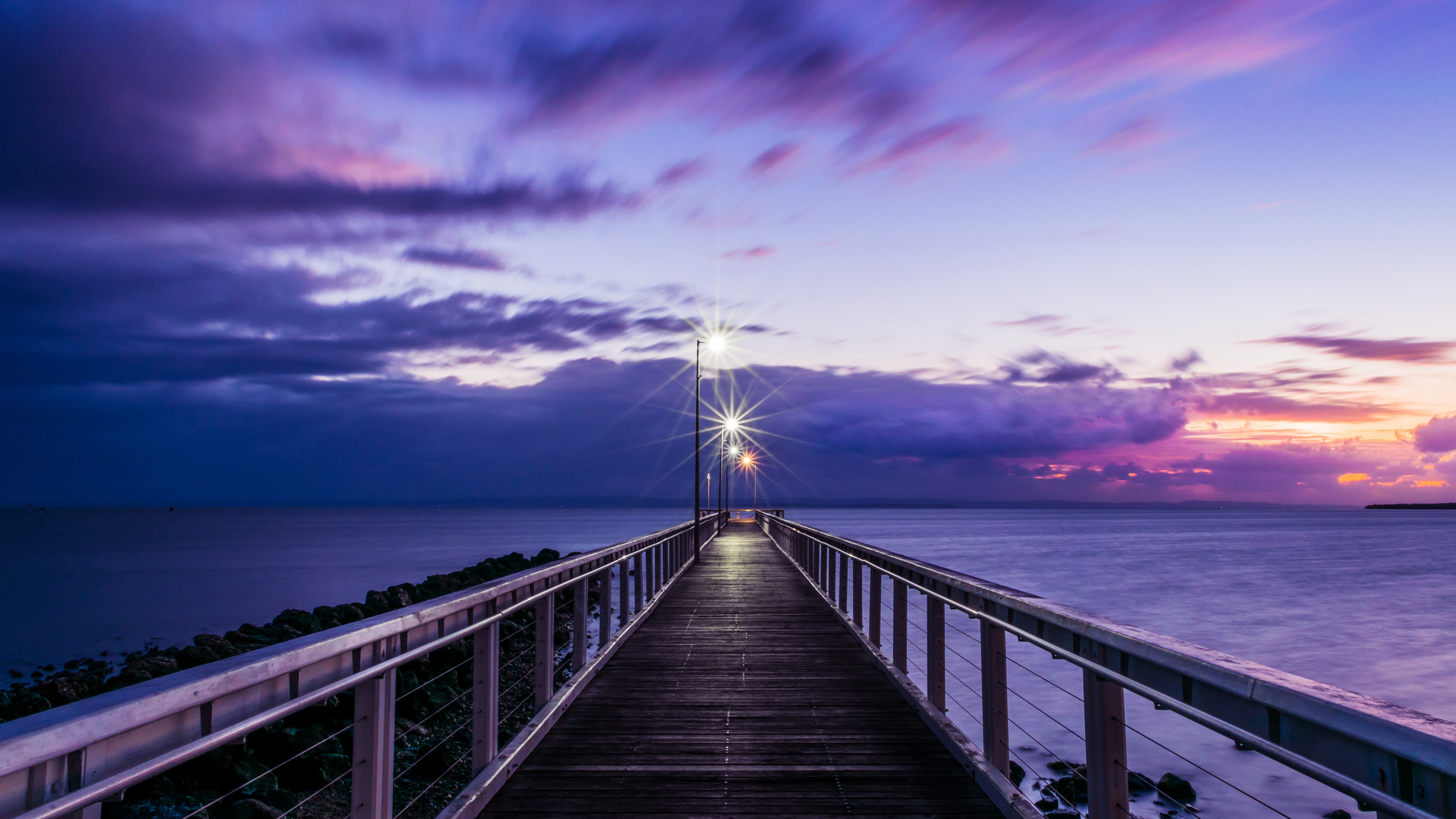 Wooden pier 4K Wallpaper, Bridge, Sunset, Purple, Dawn, Seascape
