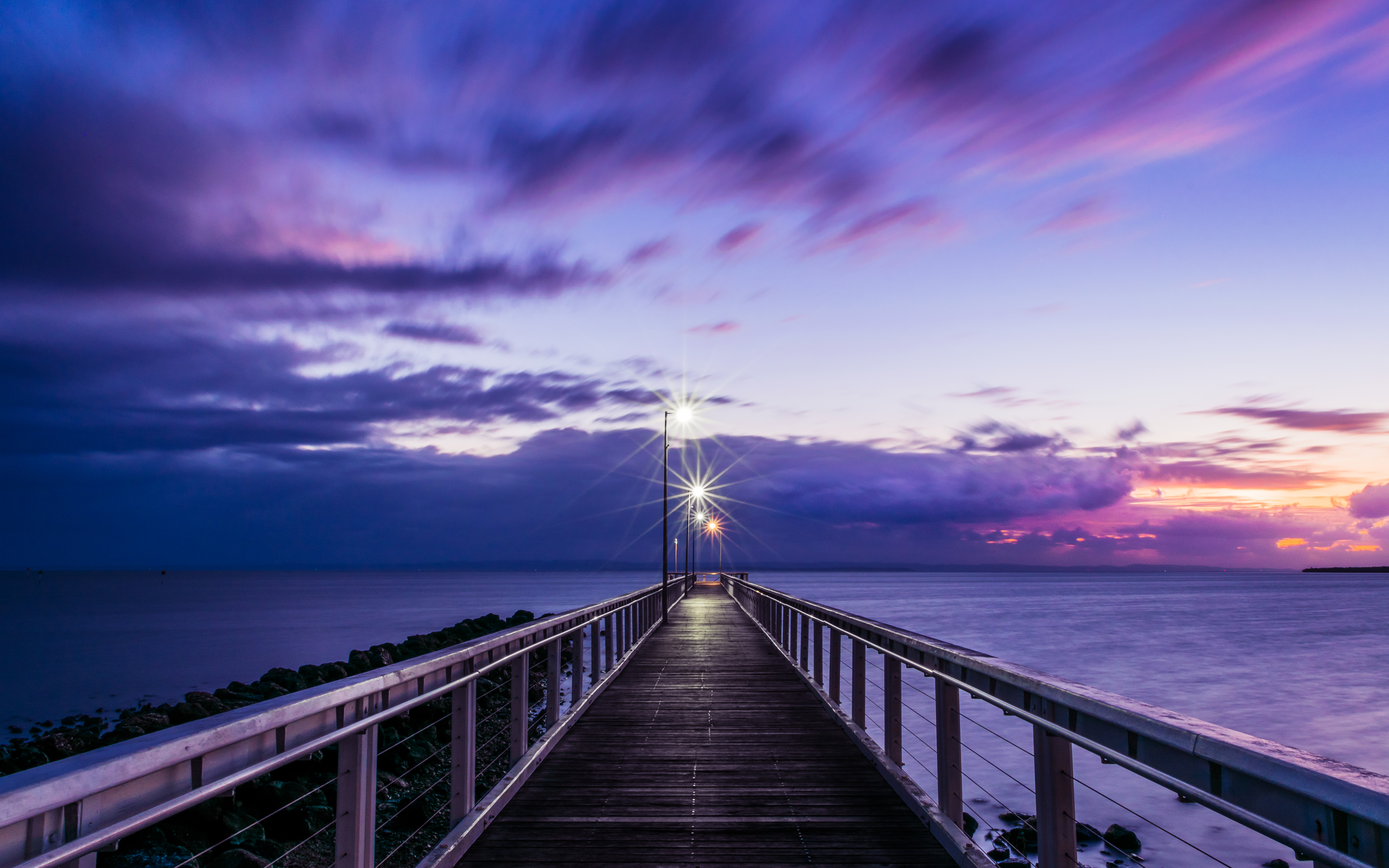 Wooden pier 4K Wallpaper, Bridge, Sunset, Purple, Dawn