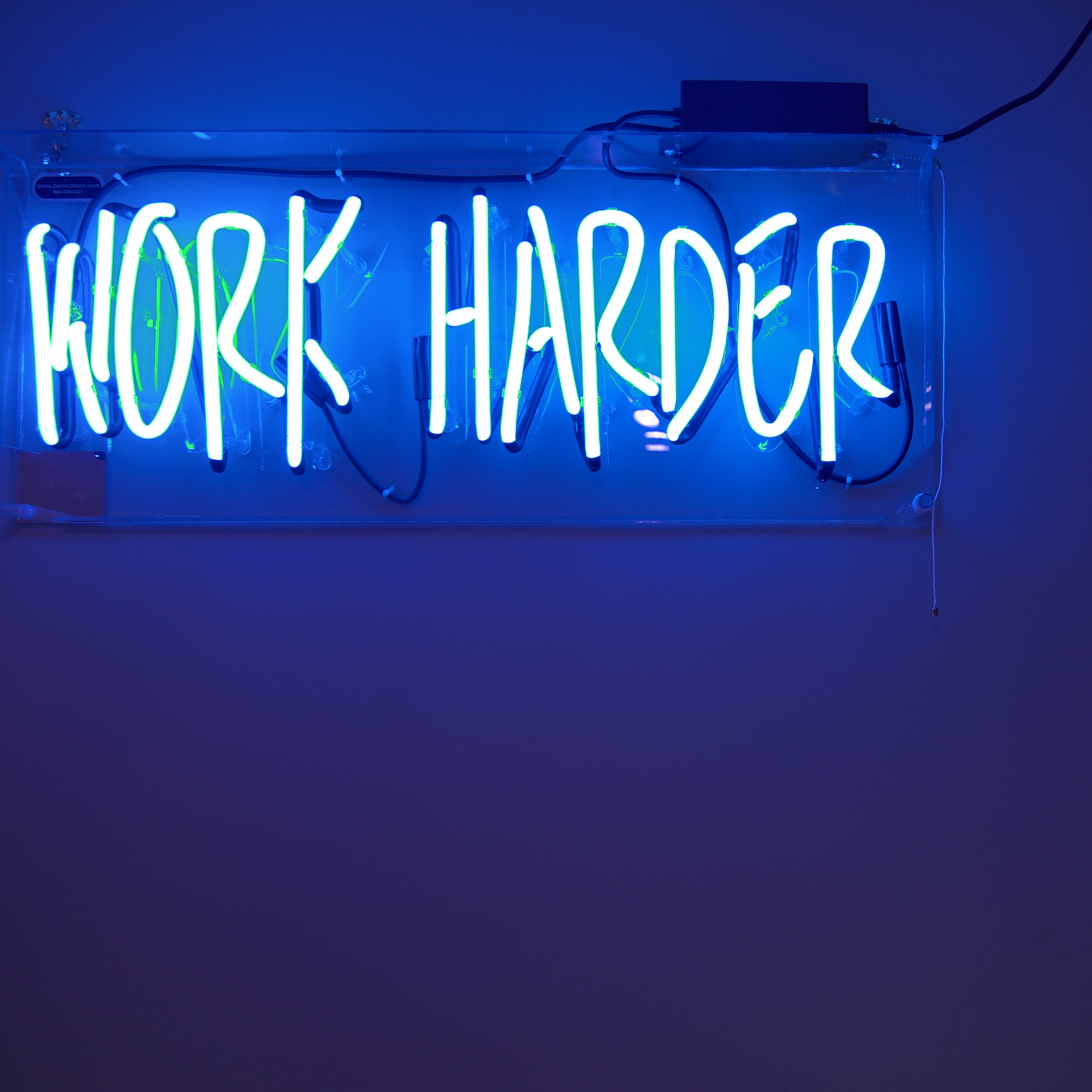 Work harder Wallpaper 4K Neon Lights Blue background 