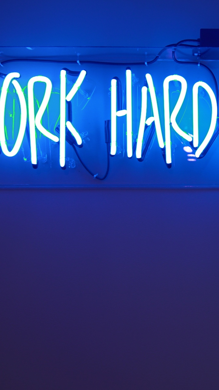 Work harder Wallpaper 4K, Neon Lights, Blue background, Motivational