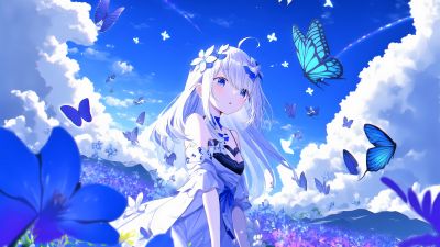 Teen, Anime girl, Dream, Butterflies, Blue background, Blue Sky, 5K