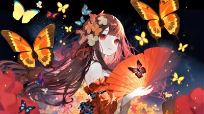 Anime girl, Butterflies, Surreal, Colorful background, 5K