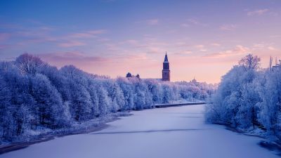 Turku Cathedral, Aura River, Turku, Finland, Frozen river, Winter, Snow covered, Cold, 5K, 8K