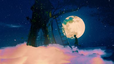 Tree house, Dream, Moon, Night, Surreal
