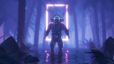Astronaut, Sci-Fi, Cyberpunk, Neon background, Psychedelic, 5K, Forest, Blue background