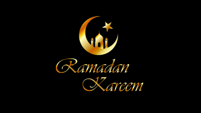 Ramadan Kareem, Black background, Golden text