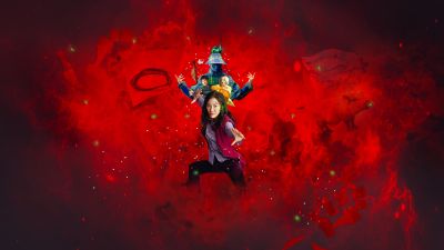 Everything Everywhere All at Once, Adventure movies, 5K, Red background, Michelle Yeoh as Evelyn Wang
