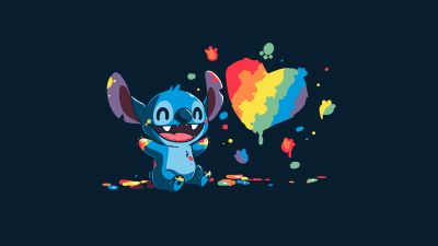 Stitch, Love heart, Illustration, Rainbow, Dark blue, Paint, 5K, 8K