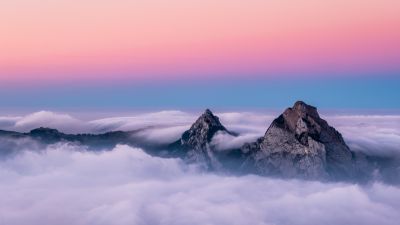 Mountain Peaks, Above clouds, Sunset, Dawn, 5K