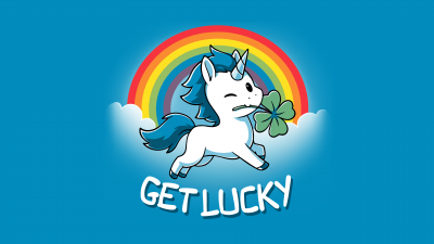 Get lucky, Unicorn, Rainbow, Blue background, 5K, 8K