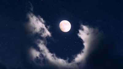 Full moon, Clouds, Night, Starry sky