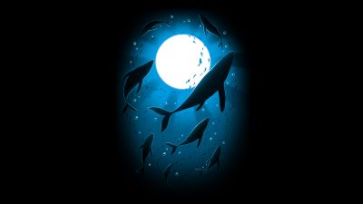 Moonlight, Underwater, Swimming, Whales, 8K, Black background, Night, 5K, Water bubbles