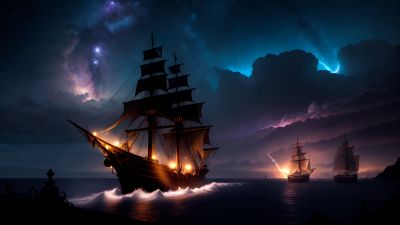 Ship, Night, Storm, Clouds, Milky Way, Starry sky, AI art