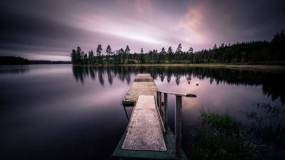 Dusk, Sunset, Evening, Long exposure, Wooden pier, Lake, Sweden, 5K