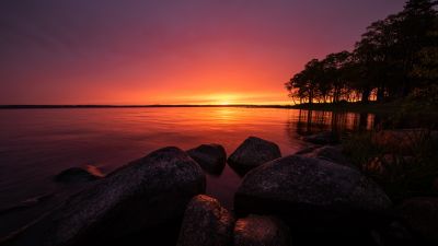 Roxen Lake, Sunrise, Morning sky, Nordic, Landscape, Outdoor, Rocks, 5K, Summer