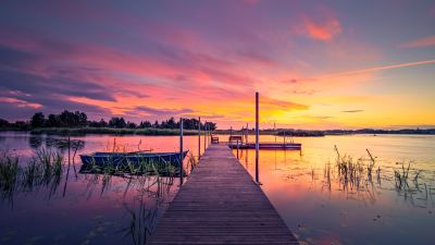 Sunset, Sweden, Lake, Twilight, Wooden jetty, Pier, Tranquility, 5K