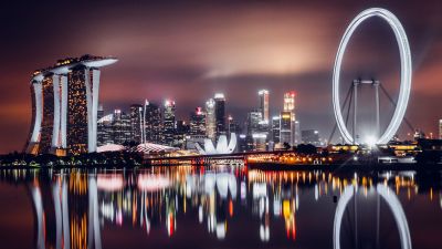 Marina Bay, Singapore, Skyline, Cityscape, Night City, City lights, Reflection, 5K