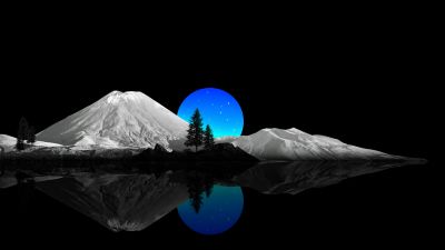 Scenic, Moon, Mountains, Scenery, Black, Blue moon, 5K, AMOLED