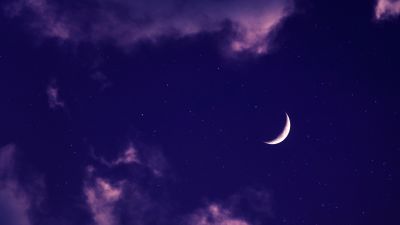 Crescent Moon, Purple sky, Stars, Aesthetic