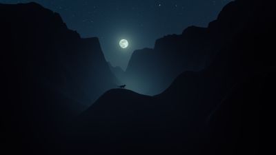 Moon, Mountains, Night, Wolf, Silhouette, Moonlight, 5K