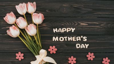 Happy Mother's Day, Wooden background, Tulips