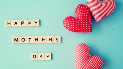 Happy Mother's Day, Cyan background, Love hearts, Pink hearts, 5K