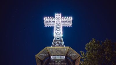Mount Royal Cross, Monument, Ancient architecture, Landmark, Montreal, Canada, Illuminated, Night, 5K