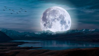 Moon, Aesthetic, Night, Landscape, Lake, Nightscape, 5K