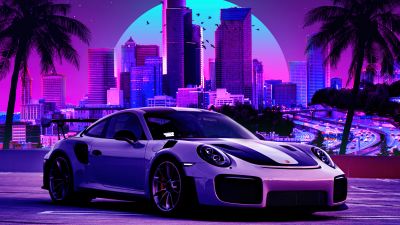 Porsche 911 GT2, Retro, Synthwave, Neon, Cityscape, Vaporwave, Cyberpunk, Outrun