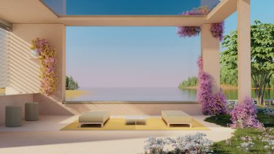 Modern architecture, Outdoor, Lake, Microsoft Design, Aesthetic interior, 5K, Contemporary architecture