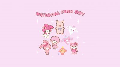National Pink Day, Hello Kitty, Kuromi, My Melody, Pompompurin, Cinnamoroll, Gudetama, Pochacco, Pink background