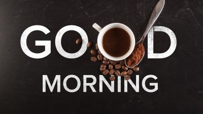 Good Morning, Typography, Coffee, Dark background, Coffee beans, Coffee cup, 5K