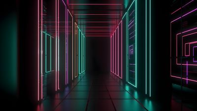 Neon Lights, Corridor, Futuristic, 5K, Surreal