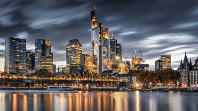 Frankfurt, Night City, Germany, City Skyline, Illumination, Iron Footbridge, Reflection, 5K