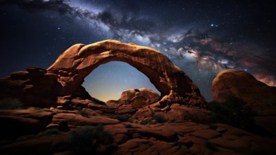 Milky Way arch, Arches National Park, Utah, United States, 5K, Rock formations, 8K, Night sky