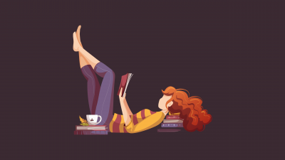 Teen girl, Reading book, Illustration, Relaxing, Dark background, 5K