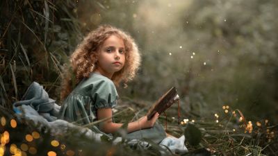 Cute Girl, Reading book, Portrait, 5K, Magical forest