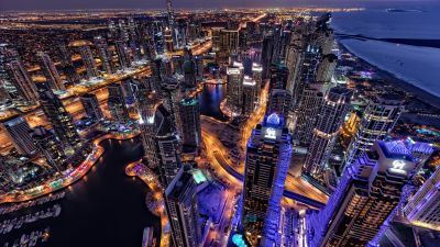 Dubai, Cityscape, Skyline, Aerial view, Skyscrapers, City lights, Night, HDR, Blue hour, 5K